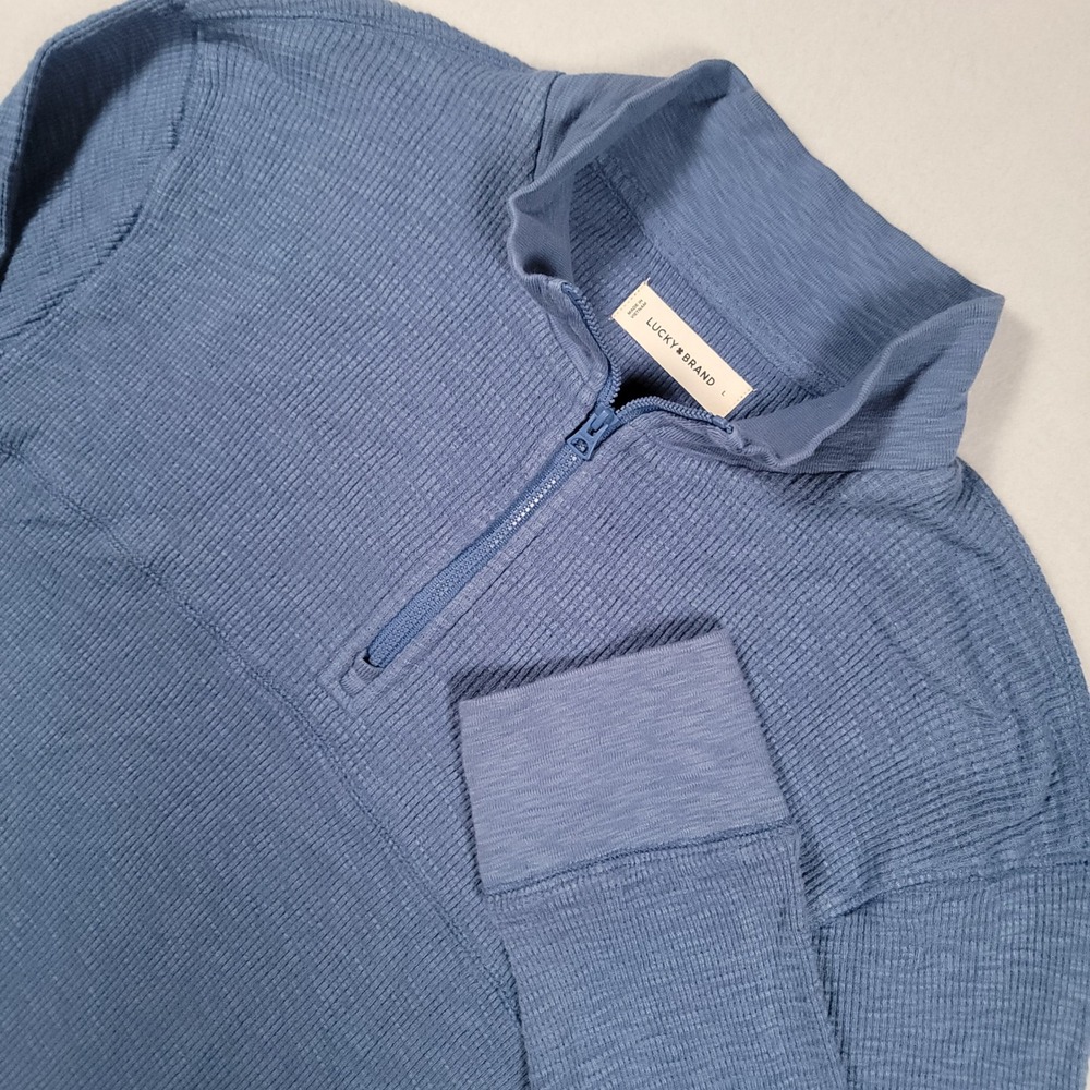 Lucky Brand Thermal Mock Half Zip Pullover Mens L Blue Solid Cotton Waffle Knit